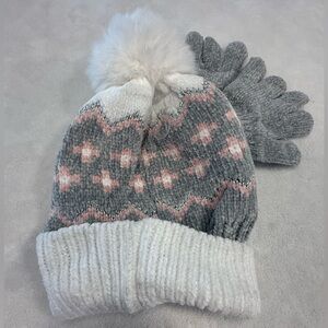 Toby toddler pom pom beanie glove set gray pink cross pattern metallic detail